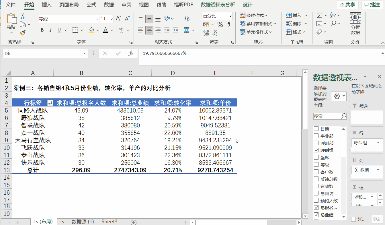 Excel中通过字段调整改变数据透视表布局
