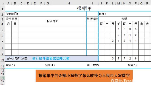 Excel制作报销单如何将金额小写数字转换为大写数字？