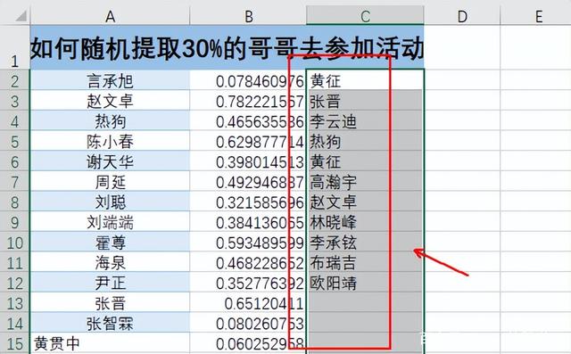 Excel表格中如何随机抽取数据，如抽取列表中30%的数据内容？
