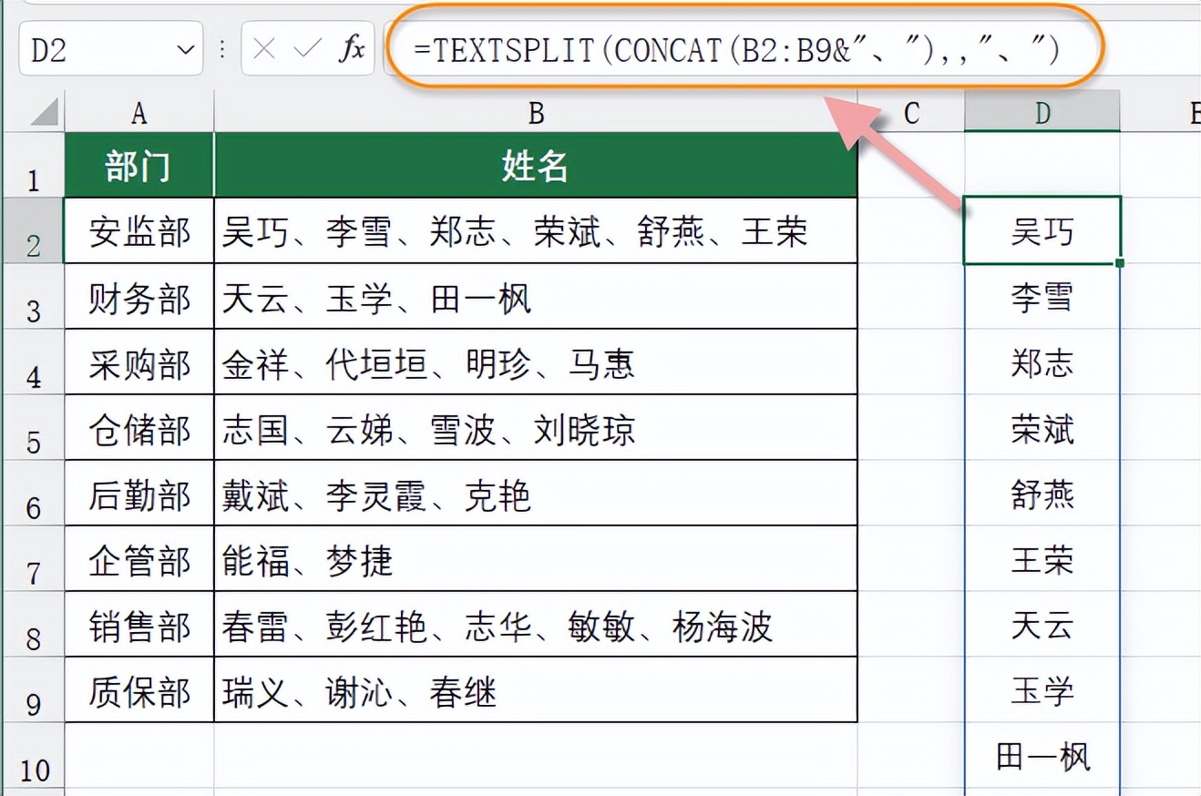 Excel中如何把混合在同一单元格中的姓名拆分成一列？