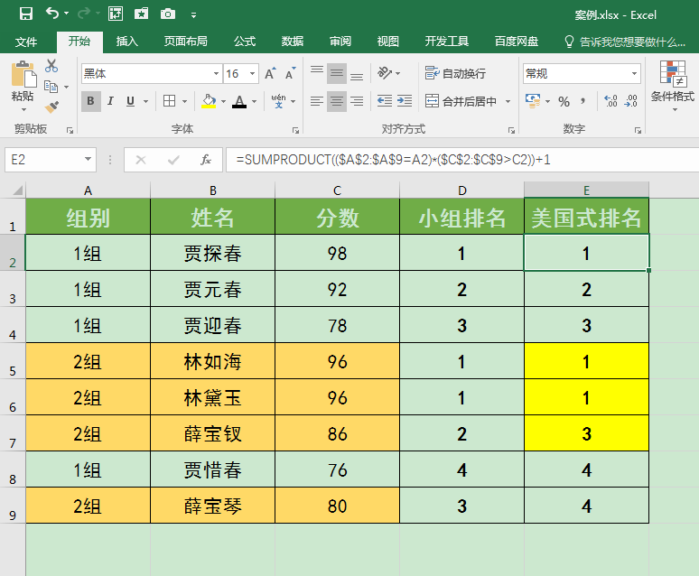 用SUMPRODUCT函数计算组内排名实操和技巧