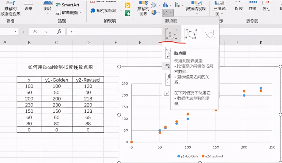 如何在Excel中绘制45度散点图？