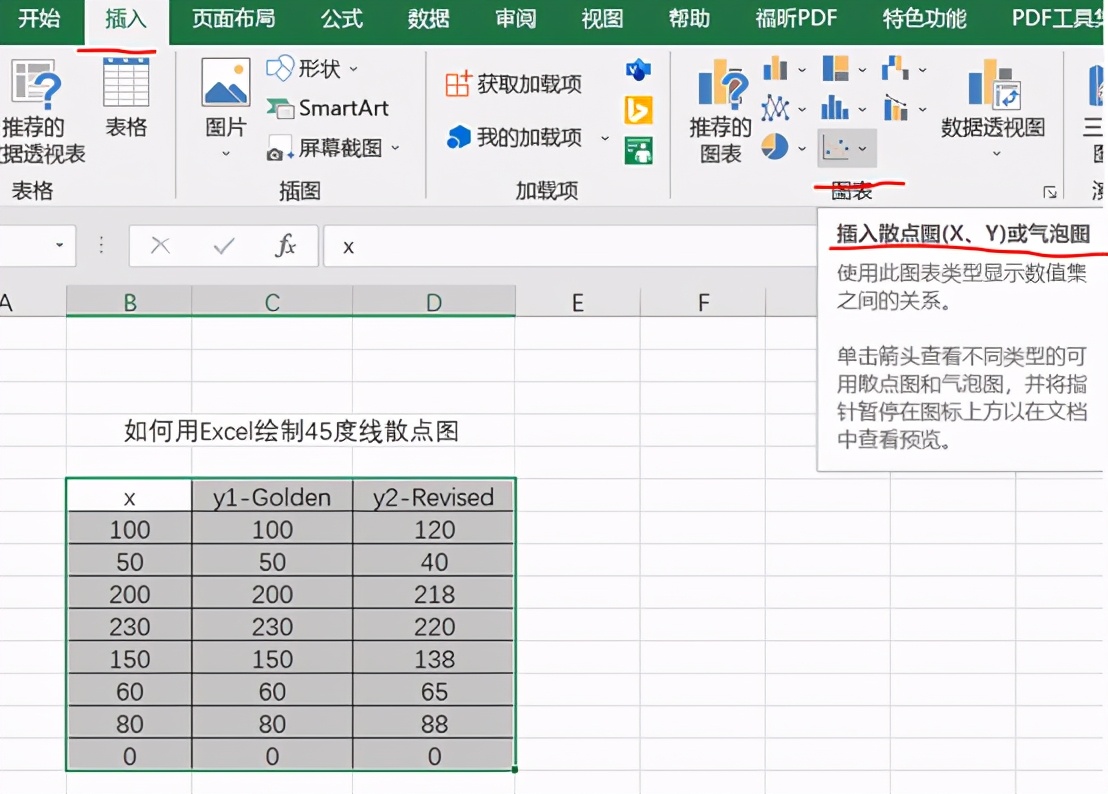 如何在Excel中绘制45度散点图？