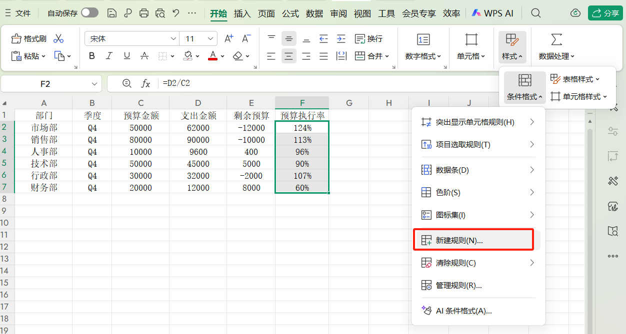 财务必备！Excel利用条件格式设置预算超支预警-天天办公网
